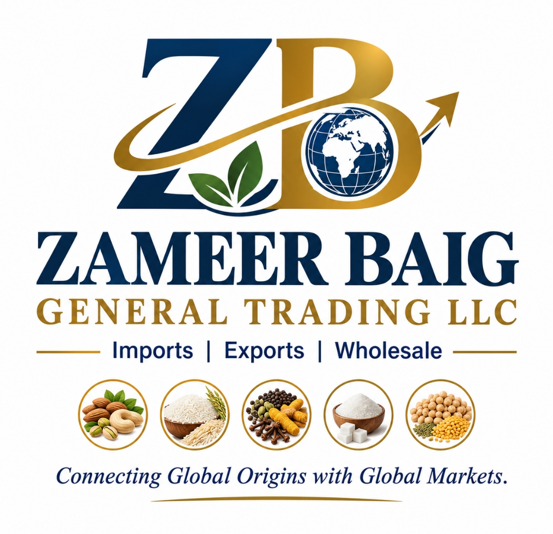 Zameer Baig General Trading LLC logo: ZB monogram with globe, leaf and arrow. Imports, Exports, Wholesale.